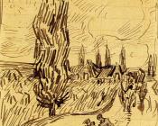 文森特 威廉 梵高 : 路上行人、马车、柏树、星斗和新月的草图